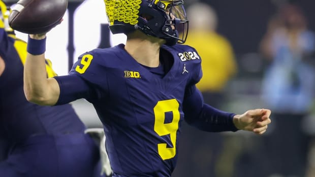 Michigan Wolverines quarterback J.J. McCarthy (9) against the Washington Huskies in the 2024 College Football Playoff national championship game at NRG Stadium.